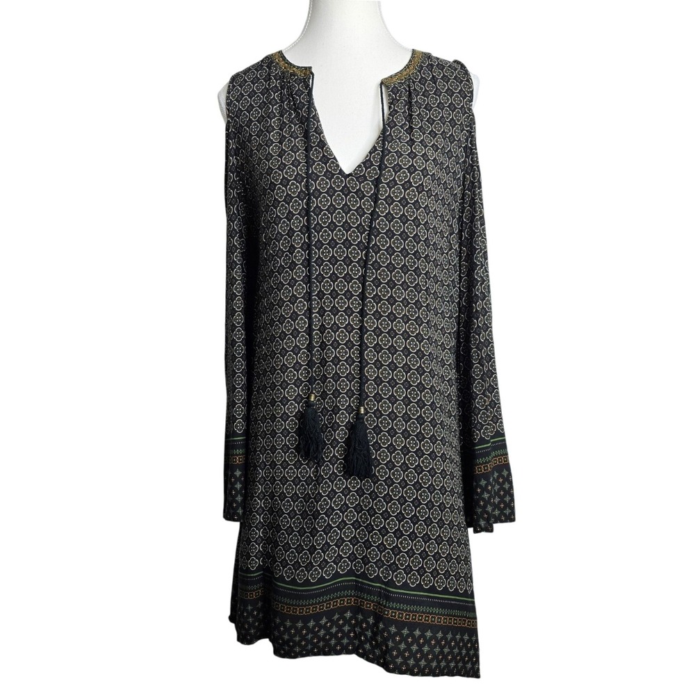Millibon Women's Cold Shoulder Tassel V Neck Dress Size L Black Geometric‎ Print
